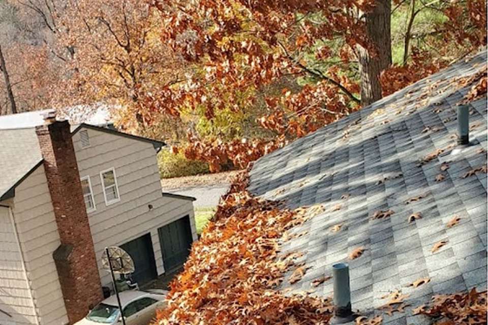 Rooftop view of a gutter before cleaning.